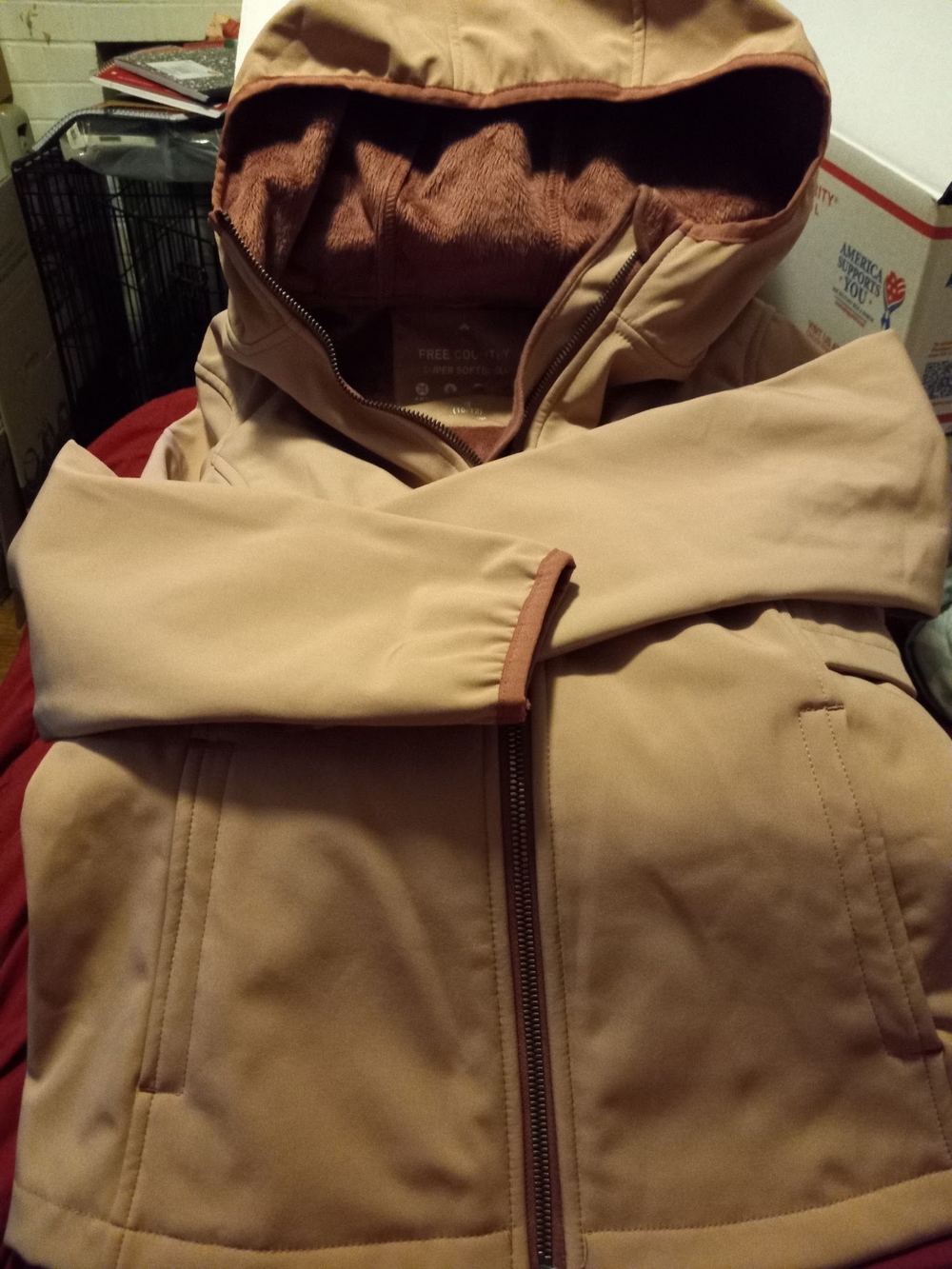 Free Country Women's Tan Hooded Jacket with Brown Lining.